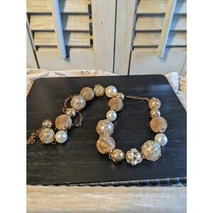 Vintage costume faux pearl and gold tone mesh bead necklace